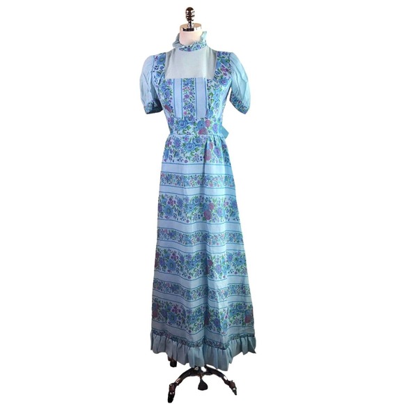 Vintage Dresses & Skirts - Vintage 60s Cari Lyn Prairie Dress Blue Floral Garden Cottagecore Maxi